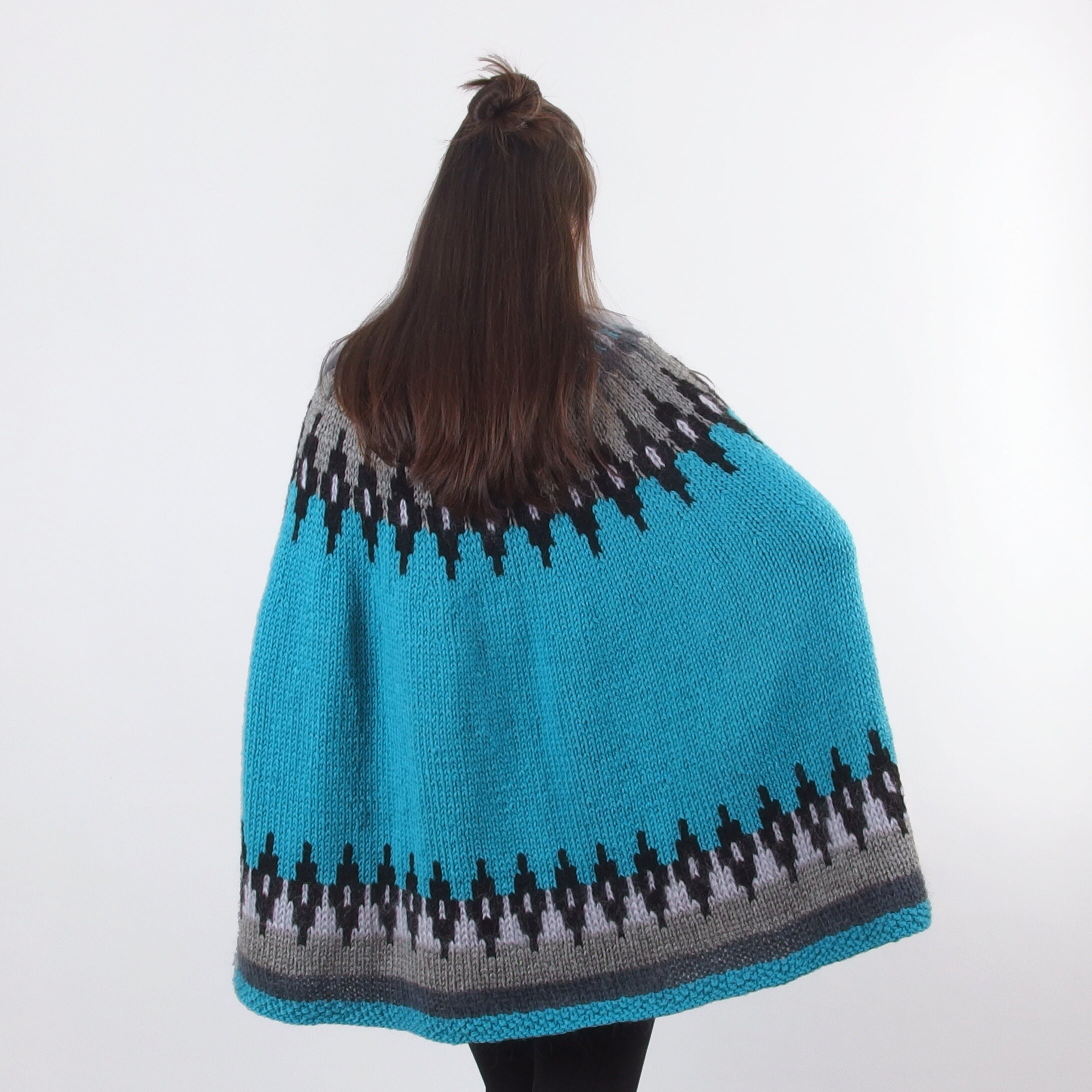 Wool Knitted Winter Poncho with Arm Holes, Heavy Warm Cozy and Thick, Boho Womens Cape in Blue and Gray, Completely Hand Knit, Unique Design Wool Knitted Winter Poncho with Arm Holes, Heavy Warm Cozy and Thick, Boho Womens Cape in Blue and Gray, Completely Hand Knit, Unique Design