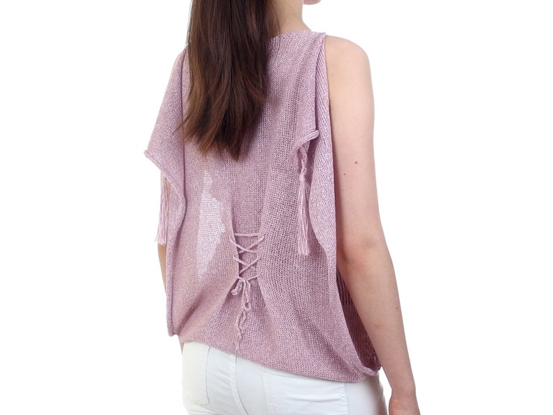 Knee-length tunic, Long pink elegant tunic, Layered tank top, Spaghetti strap tunic, Adjustable width, Summer knitwear image 7