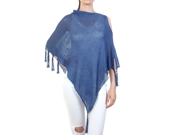 Sheer summer poncho with fringes, Asymmetric design with one open shoulder, Cotton women's poncho in blue, Fall apparel