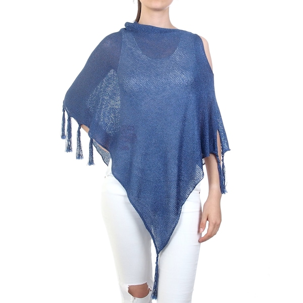 Sheer summer poncho with fringes, Asymmetric design with one open shoulder, Cotton women's poncho in blue, Fall apparel