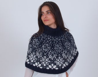 Roll neck winter women's capelet, Hand knit floral poncho, Alpaca merino wool sweater, Turtleneck pullover jumper, Norwegian icelandic