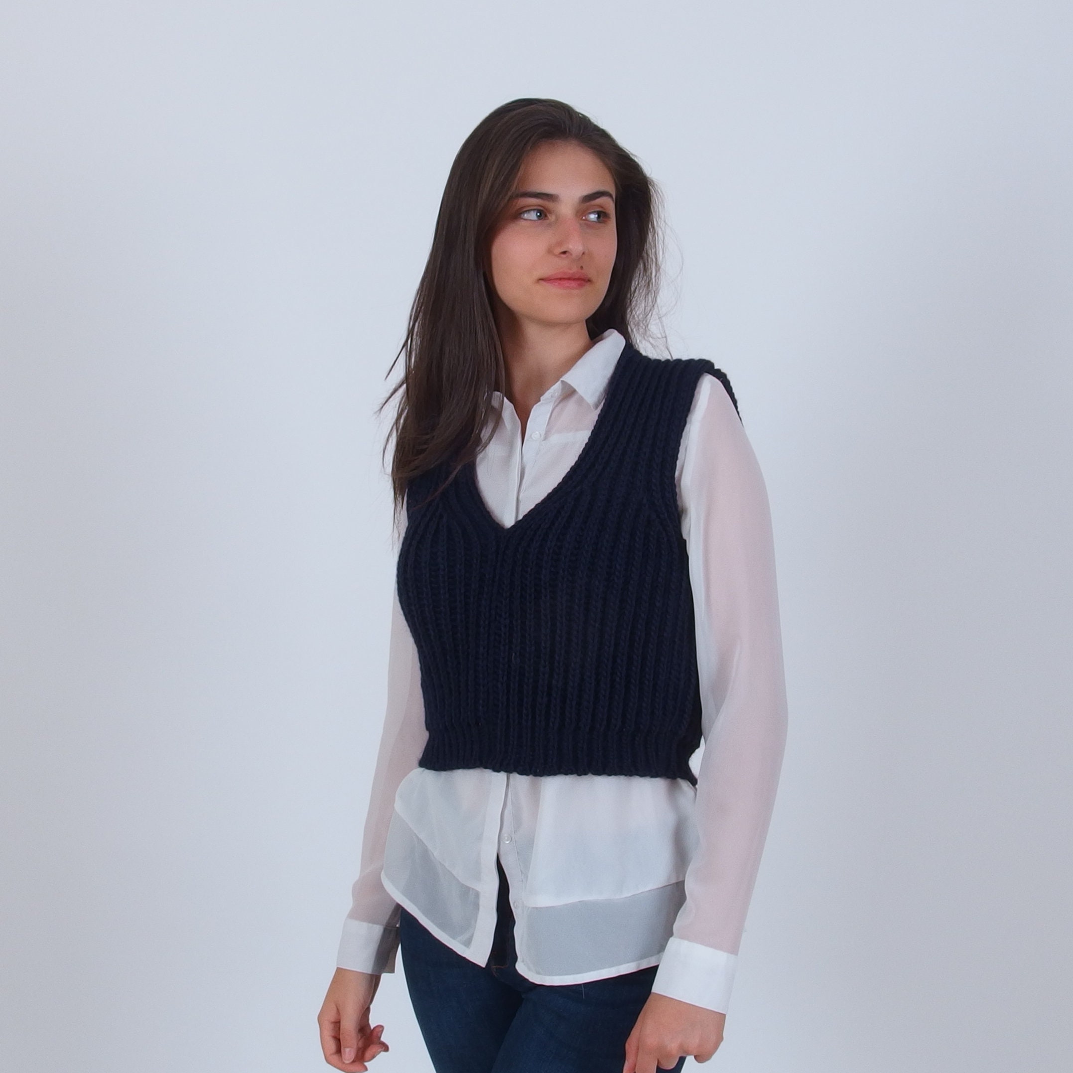Hand Knit Alpaca Crop Sweater Vest, V-neck Merino Wool Vest, Retro