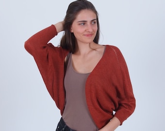 Haussement d’épaules en boléros en laine mérinos pure, cardigan recadré à l’avant ouvert, boléro à manches Dolman, haussement d’épaules taille Plus, pull en tricot fin