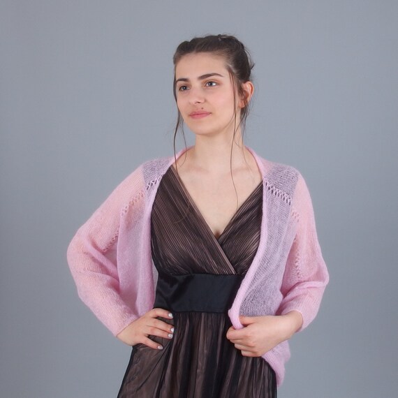 Merinossa Pink Mohair Sheer Cardigan Sweater, Long Sleeve Open Front Bridal Cover, Hand Knit Wedding Sweater, Bridesmaid Top, Plus Size Bolero Shrug