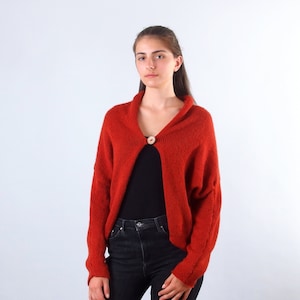 Red knit womens cardigan, Warm winter open front cardigan sweater, Soft wool one button cardigan, Shawl collar cardigan, Fall apparel
