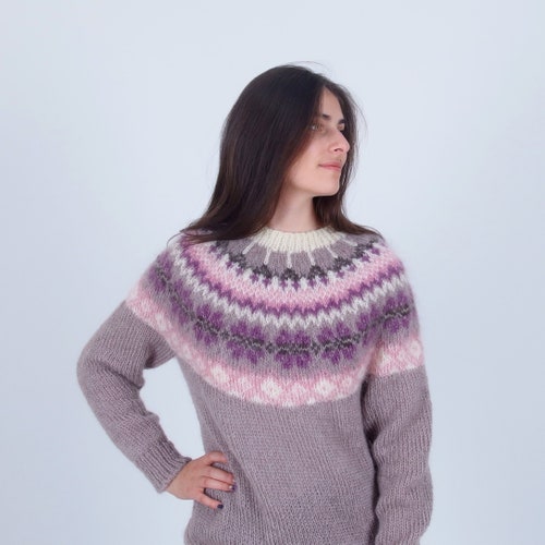 Fuskig nordisk tröja, Mohairulltröja, Fluffig vinterisländsk tröja, Mjuk varm isländsk tröja, Traditionell handstickad tröja
