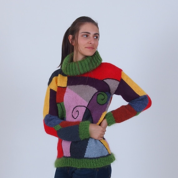 Roll Neck Mohair Sweater Hand Knit Color Block Jumper - Etsy Sweden