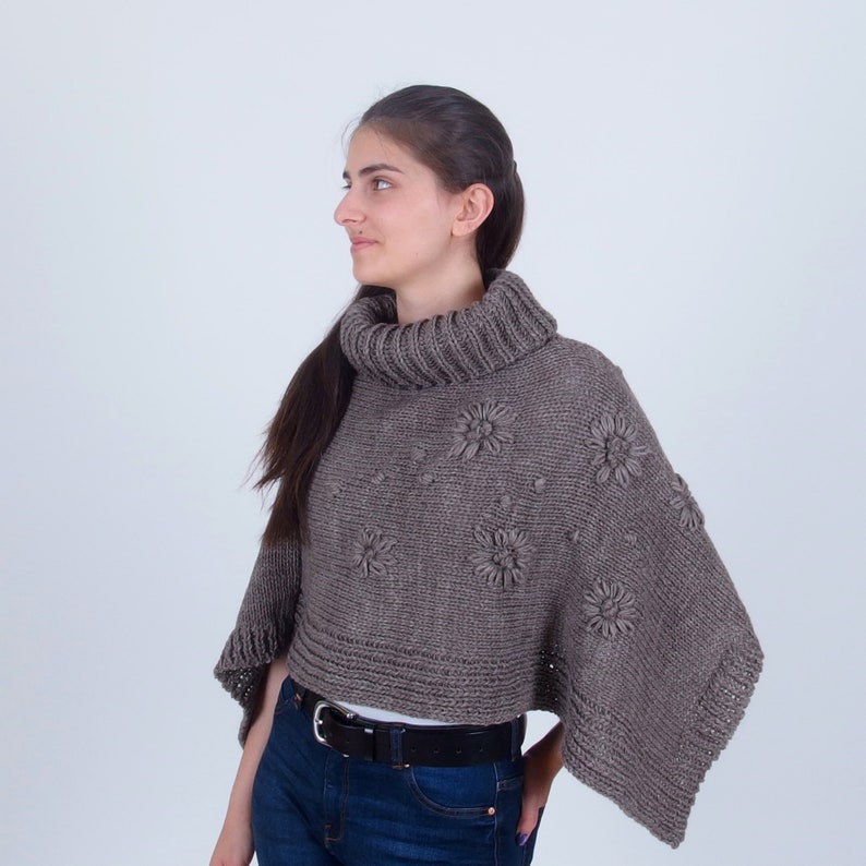 Roll neck alpaca poncho, Hand knit merino wool cape, Turtleneck winter floral poncho, Plus size triangle poncho image 4