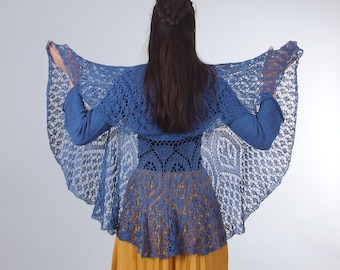 Handmade pointelle lace cardigan, Hand knitted open front sweater with shawl collar, Elegent cotton summer knitwear