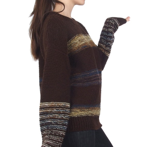 Pull Moulant Brun Visons Tricoté Main - 100% Laine D'Agneau - Taille M - Cable-Knit