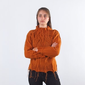 Ull vintertröja för kvinnor, Varm pullover med hög krage, Stickad orange långärmad tröja med trådar, Texturerad stickad tröja för damer