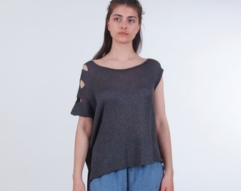 Asymmetrical cotton top with cut out sleeve, Oversized knitted blouse, Off the shoulder top, Plus size top