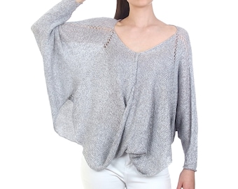 Twist front blouse with batwing sleeve, Reversible knit top with long sleeves, Lightweight cotton blend, Summer knitwear, Fall apparel