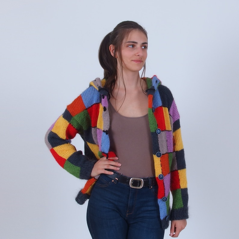 Color block patchwork cardigan, Harry Styles cardigan sweater, Colorful warm mohair wool cardigan, Multicolor abstract button up cardigan image 5