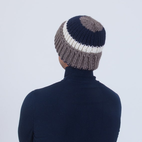 Hand Knit Men's Beanie Striped Color Block Chunky Hat - Etsy Israel