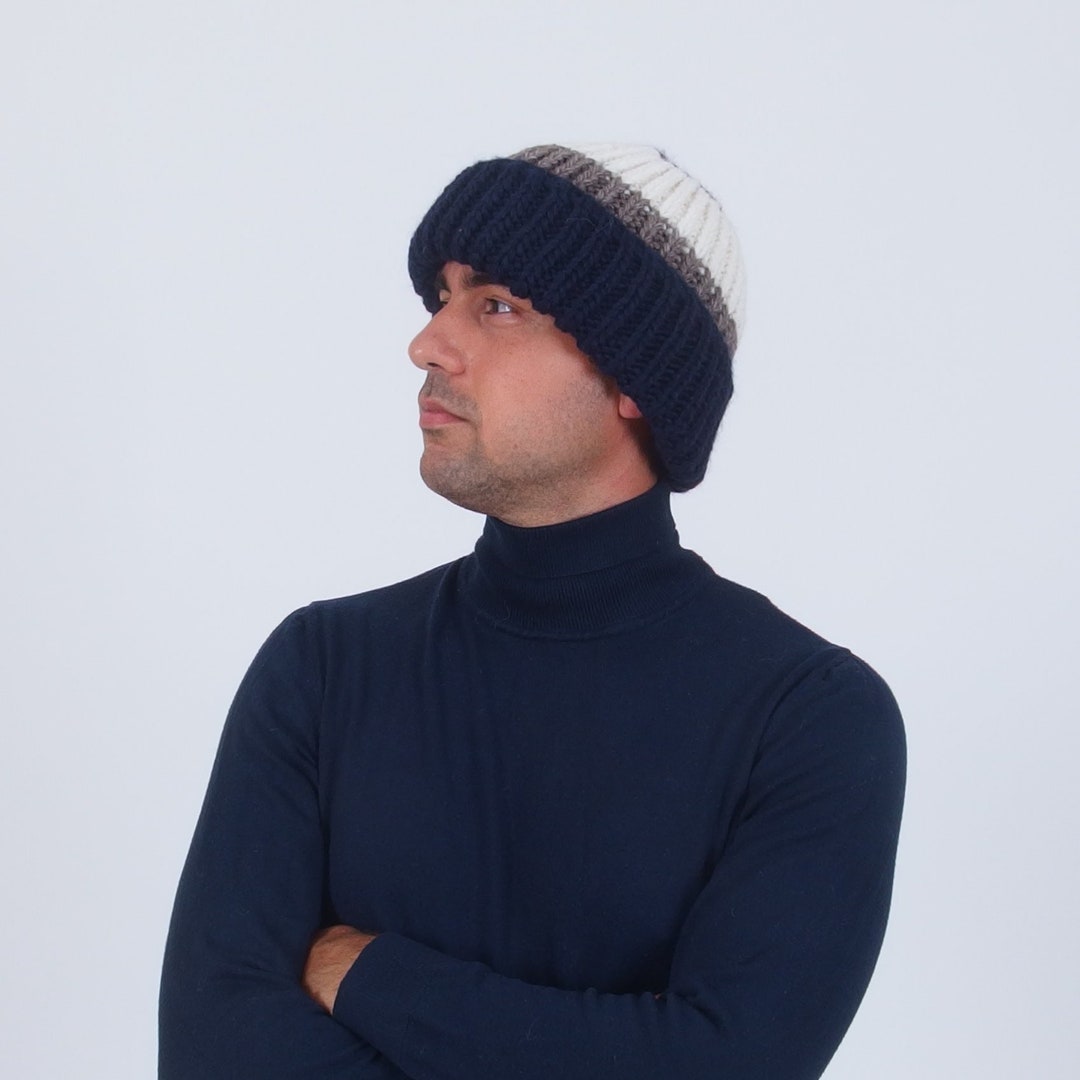 Hand Knit Men's Beanie Striped Color Block Chunky Hat - Etsy Israel