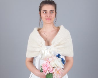 Bolero nuziale bianco scroll di spalle, Avvolgimento scialle da sposa, Cravatta davanti a mano alzata di spalle, Bolero alzato di spalle damigella d'onore, Mantello corto copricostume