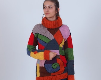 Color block mohair sweater, Patchwork roll neck jumper, Asymmetrical sweater, Colorful multicolor winter sweater, 100% hand knit