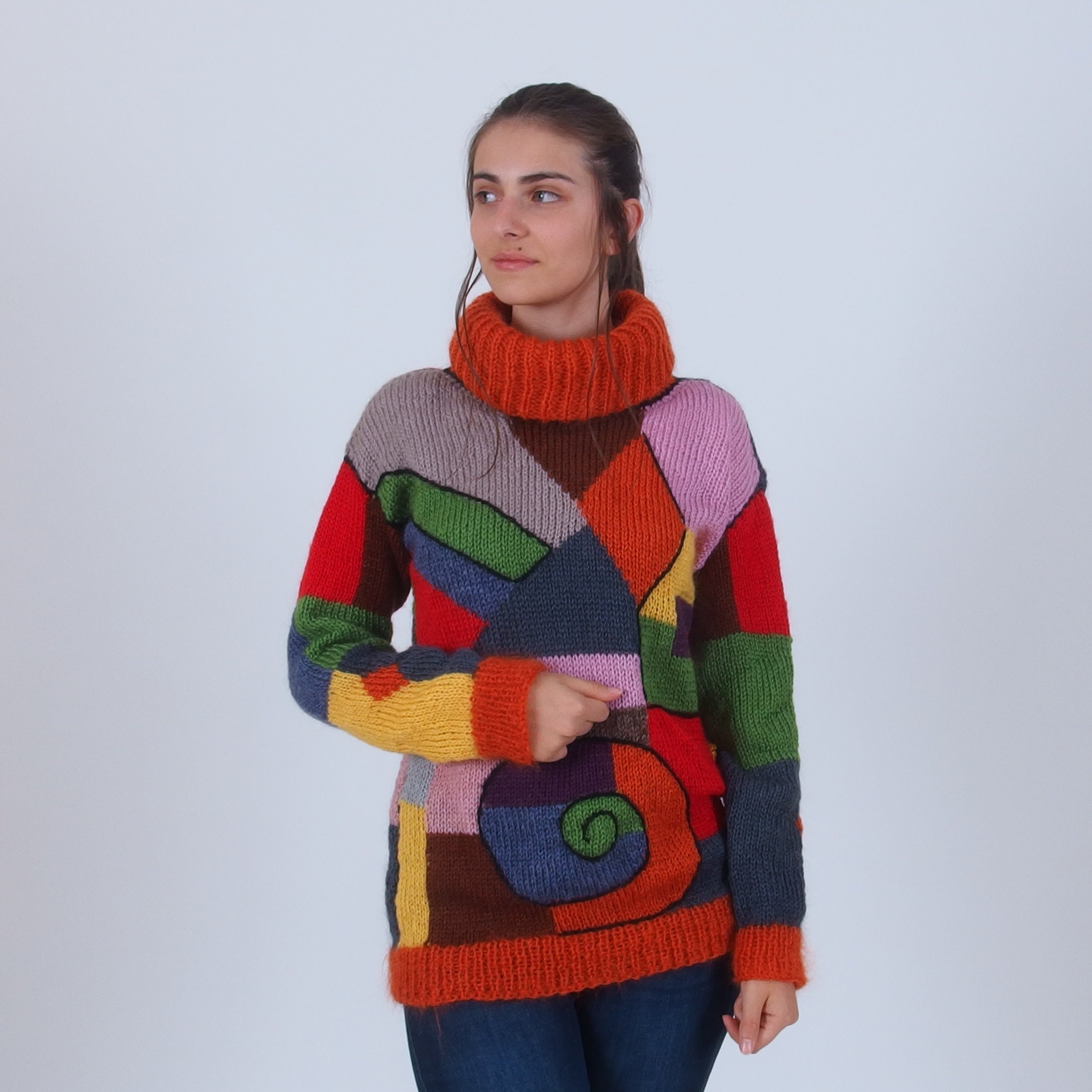 Color Block Mohair Sweater, Patchwork Roll Neck Jumper