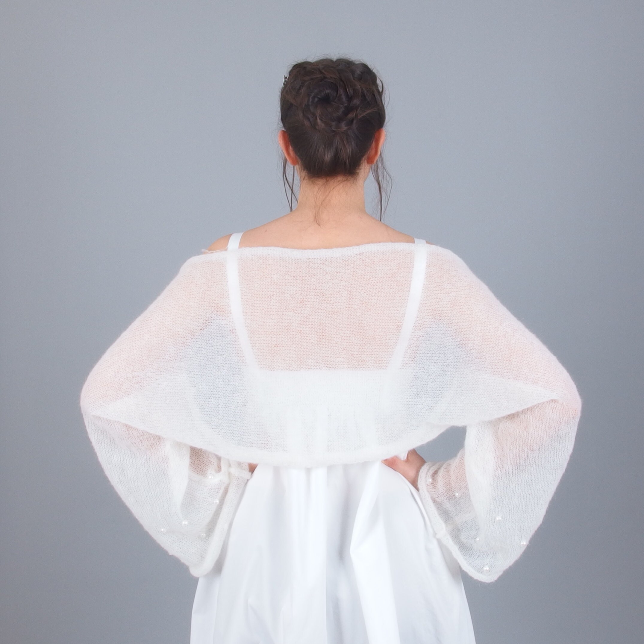 Beaded Mohair Bolero With Pearls, Bell Sleeve Fuzzy Shrug, Crop