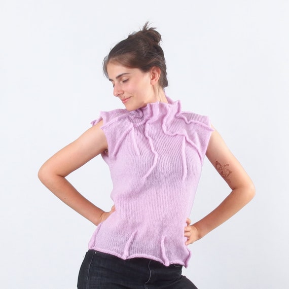 Merinossa Mock Neck Sleeveless Sweater, Knit Wool Womens Top, Pink Textured Ladies Jumper
