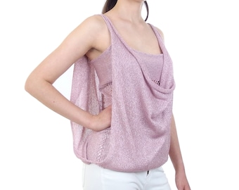 Layered tank top, Pink elegant top, Long summer tunic, Knee-length tunic, Adjustable width, Summer knitwear