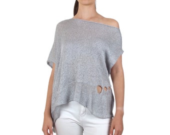 Asymmetrisches Top aus der Schulter, Graue Ösenbluse mit Löchern, Dünnes Baumwoll-Oberteil