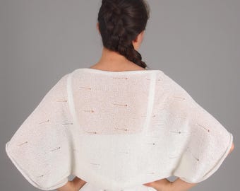 Wedding bolero with decorative openings, Sheer cotton bridal cardigan, Dolman sleeve wedding dress topper, Shrug Cardigan with eyelet holes