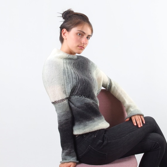 Gray Asymmetrical Ombre Sweater, Fall Knit Jumper for Women, Wool Striped Blouse, Color Block, Gradient, Fall Apparel