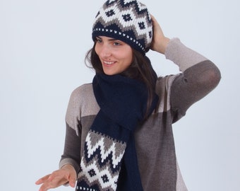 Ensemble bonnet d'hiver pour femmes tricoté à la main, bonnet d'hiver géométrique tricoté à la main, bonnet d'hiver en laine d'alpaga, bonnet et écharpe chauds en laine mérinos