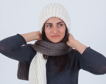 Ensemble bonnet d'hiver pour femme, bonnet d'hiver épais tricoté à la main, bonnet d'hiver en laine d'alpaga, bonnet chaud et écharpe en laine mérinos