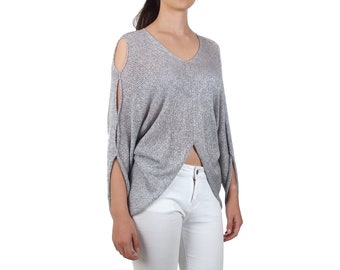 Open sleeve women's blouse, Asymmetrical light grey top with draped back, Long sleeve blouse in grey, Top with long back and short front