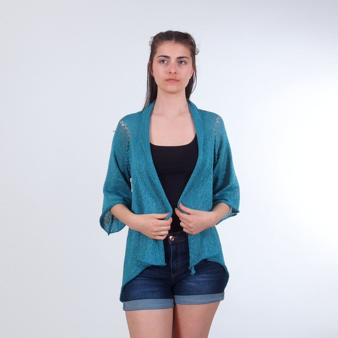 Knit Summer Cardigan for Women, Long Cardigan in Petrol Blue Knit Summer Cardigan for Women, Long Cardigan in Petrol Blue
