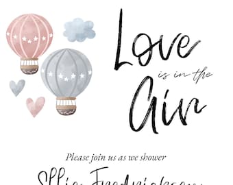 Hot Air Balloon, Love is in the Air, Customizable Bridal Shower Invitation Template, Corjil Instant Download, Printable