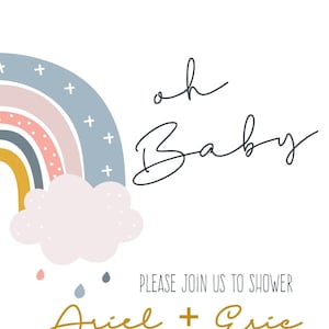 May include: A baby shower invitation with a rainbow and cloud design. The text reads "oh Baby" and "Please join us to shower Ariel + Eric June | 6th | 2PM Please RSVP by 5/6 to Sebastian 123-456-7890 Registered at Amazon"