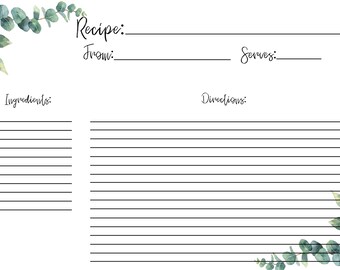 Eucalyptus, Greenery  Bridal Shower Recipe Card, Instant Download, Printable