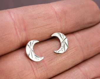 Crescent moon & star earrings-Small Moon phase sterling silver earrings with hand carved stars-Skolland Jewelry