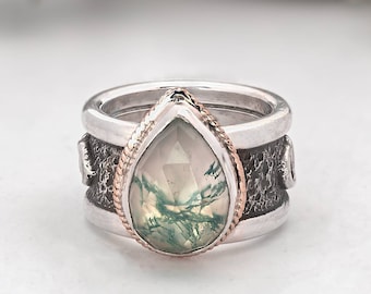 The Caonach Ring- Sterling Silver Celtic Knot and Moss Agate Ring with 14k Rose Gold Accents- Skolland Jewelry