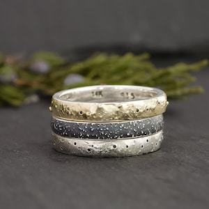 Stardust Sterling Silver Ring Set: 14K Gold & Night Sky Rings, Engravable