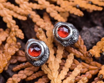 Effero Stud Earrings- 935 Sterling Silver Mozambique Garnets & Patina-January Birthstone Earrings-Skolland Jewelry