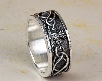 Thistle & Highland Interlace Ring © -Antiqued Celtic Band-9mm Sterling Silver-Outlander-Skolland Jewelry