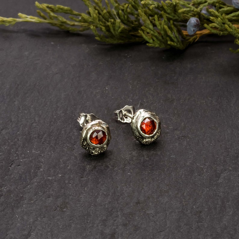 Effero Stud Earrings 935 Sterling Silver Mozambique Garnets & Patina-January Birthstone Earrings-Skolland Jewelry image 2