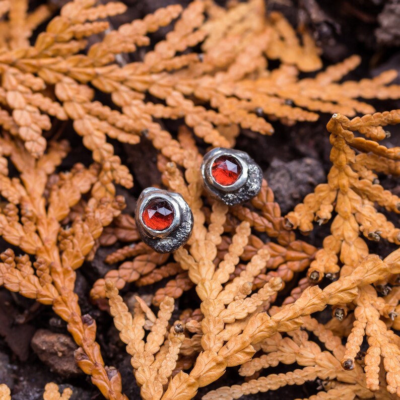 Effero Stud Earrings 935 Sterling Silver Mozambique Garnets & Patina-January Birthstone Earrings-Skolland Jewelry image 1