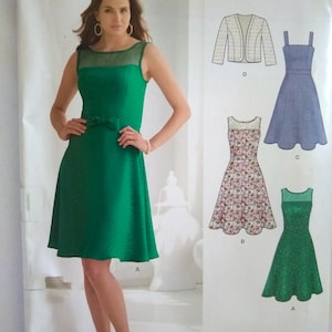 May include: A sewing pattern for a dress with a sheer neckline and a matching jacket. The pattern is for sizes 8-18, 36-46, and 34-44. The pattern is from New Look Patterns and the pattern number is 0944.