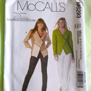 May include: A sewing pattern for a jacket with two different color options. The pattern is for sizes 8-10-12-14-16-18-20. The pattern is called McCall's M6293.