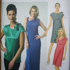 May include: Butterick sewing pattern B5784 featuring illustrations of women's dresses and tops. The designs include a green top with shoulder detail, a blue maxi dress, a polka dot dress, and a red dress.