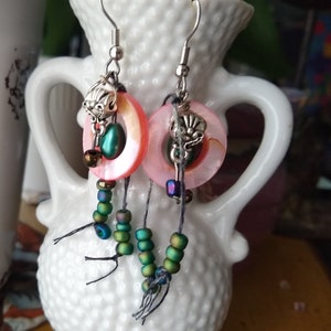 Earrings peach color shell circles w/ pearls silver, black & teal iridescent glass beads dangle on silver-tone ear hooks #15