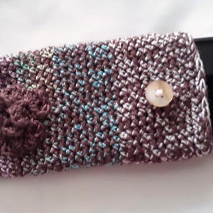 Bamboo Phone Case/ Sleeve Brown lavender aqua tweed bamboo rayon poly yarns w/ flower, vintage button closure. For eyeglass & sunglass too!