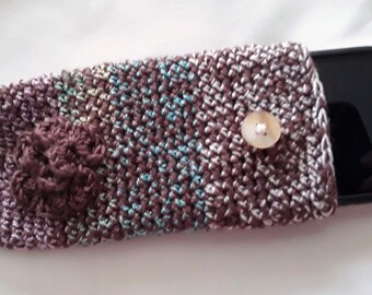 Bamboo Phone Case/ Sleeve Brown lavender aqua tweed bamboo rayon poly yarns w/ flower, vintage button closure. For eyeglass & sunglass too!