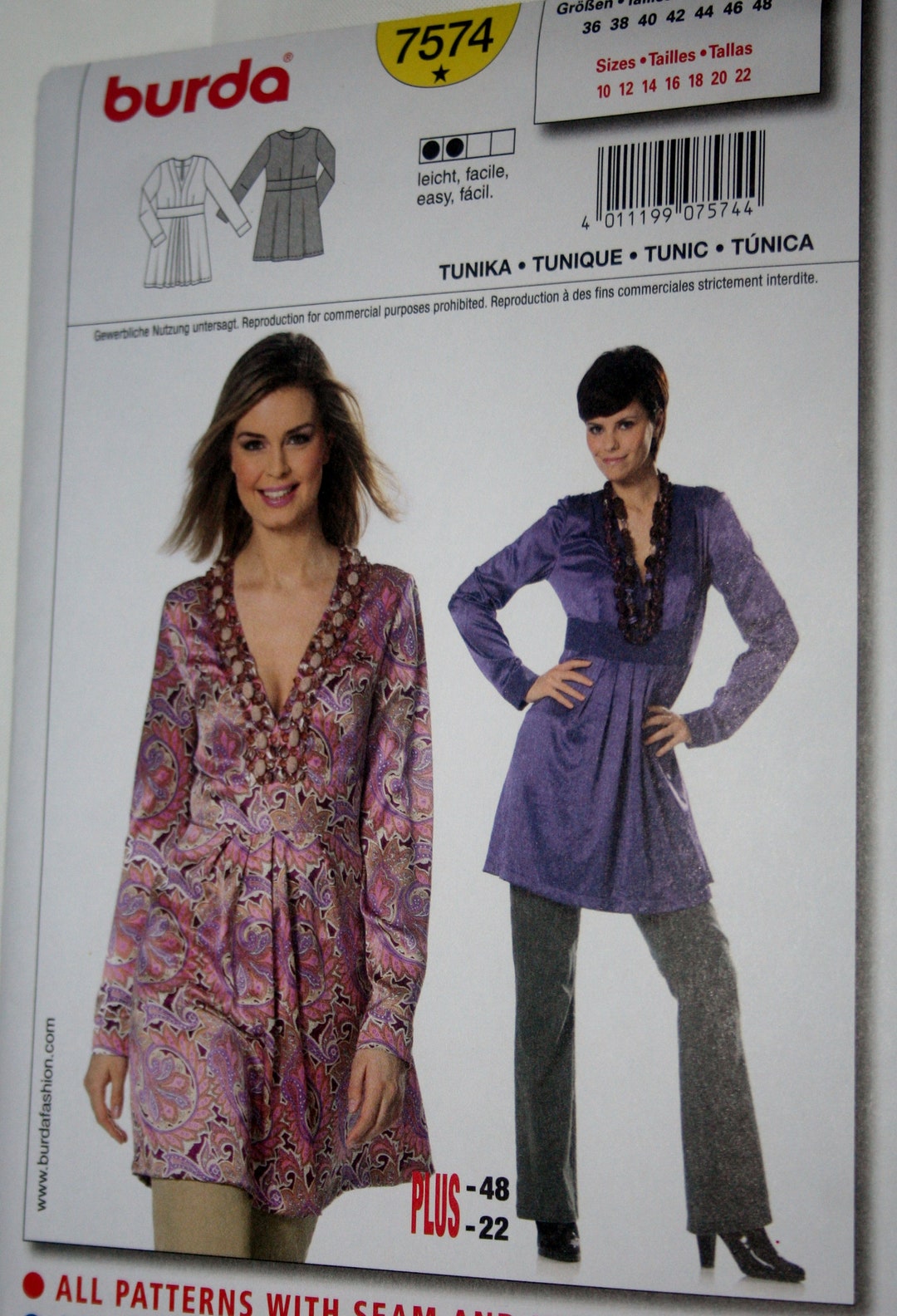 Reduced Tunic Top Sz 10-22. 7574 Burda Sewing Pattern, V-neck Midriff ...
